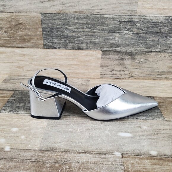 Steve Madden Courtnie Womens Pumps Sz 7 M Block Heel Silver Leather Slingback - Picture 2 of 12